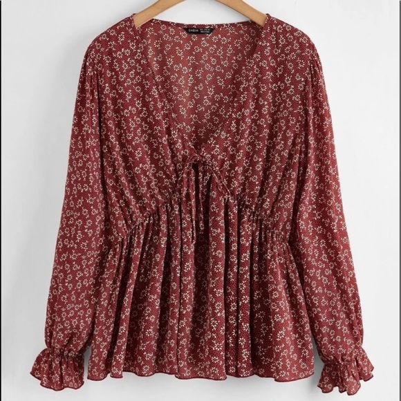 🦄SHEIN DITSY FLORAL SELF TIE PEPLUM TOP - Picture 2 of 3